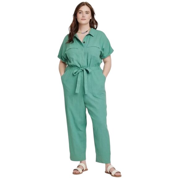 Universal Thread ½ button front green linen blend jumpsuit NWT junior’s size 17 - Picture 1 of 12